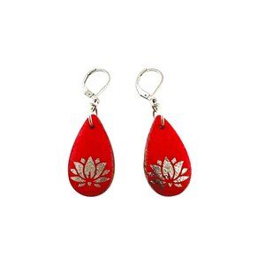 Antique Silver Finish Lotus Red Teardrop Earrings Stainless Steel Leverbacks